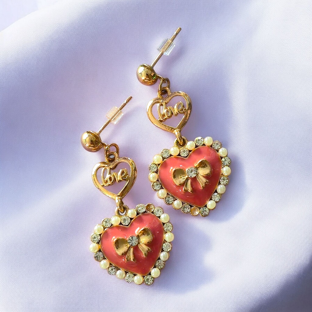 Fashion Gold and Red Heart Earrings with Bow